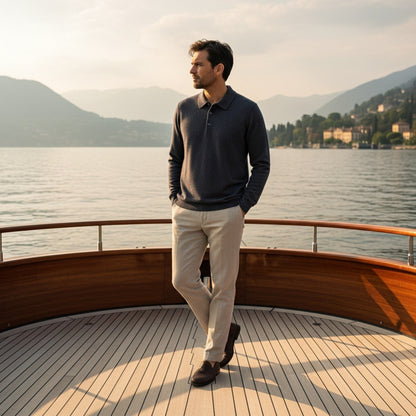 Long Sleeve Cashmere Polo Shirt - Slate Blue - Angled Shot