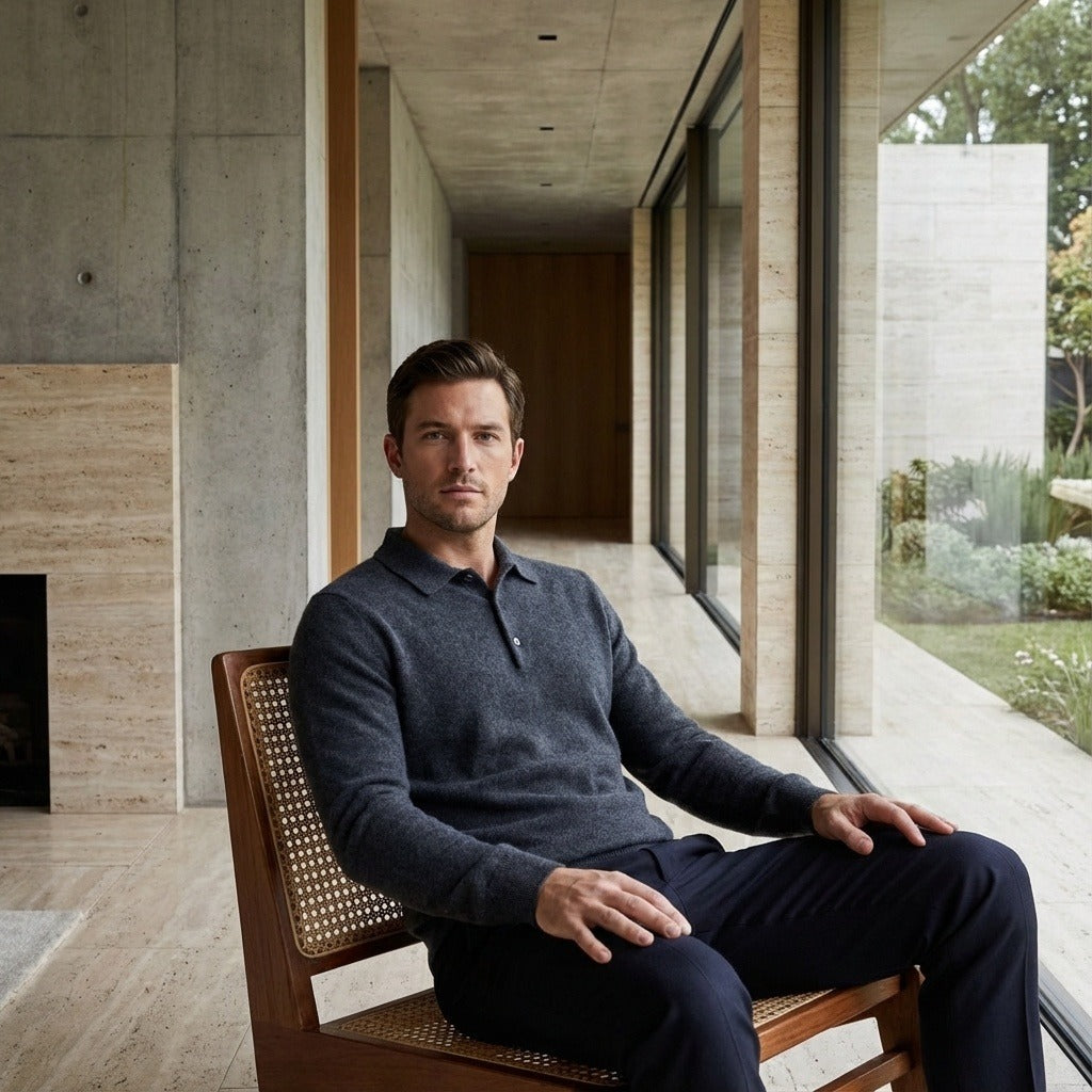 Long Sleeve Cashmere Polo Shirt - Slate Blue - Side Profile