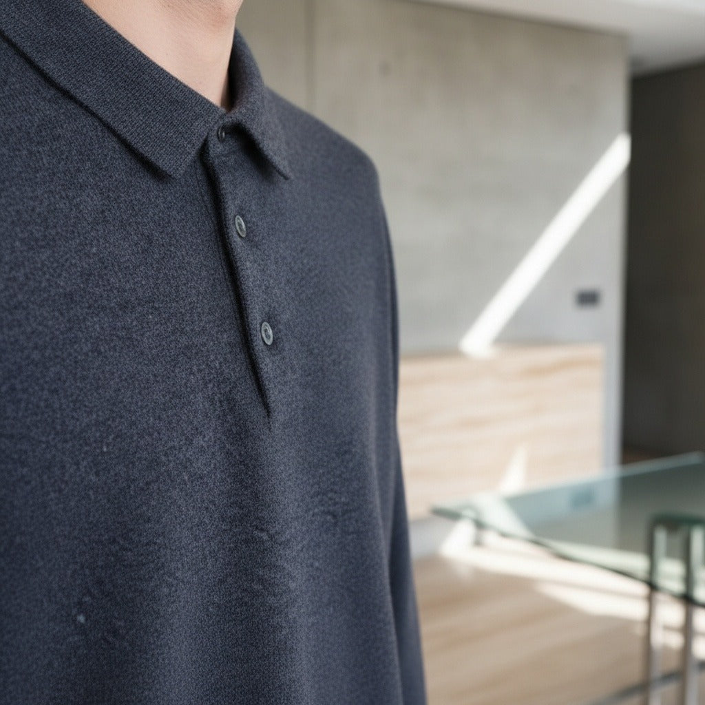 Long Sleeve Cashmere Polo Shirt - Slate Blue - Back View