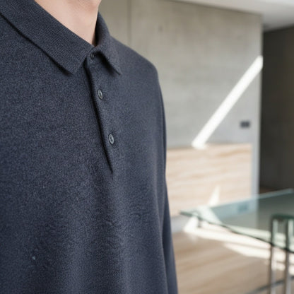 Long Sleeve Cashmere Polo Shirt - Slate Blue - Back View