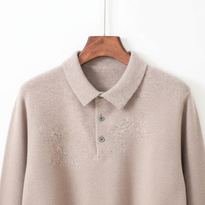 Long Sleeve Cashmere Polo Shirt - Sandstone - Front View