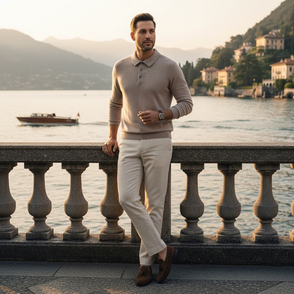 Long Sleeve Cashmere Polo Shirt - Sandstone - Angled Shot