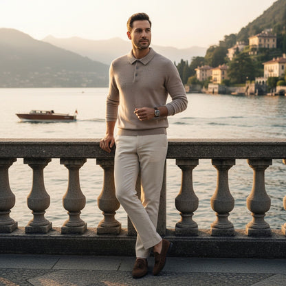 Long Sleeve Cashmere Polo Shirt - Sandstone - Angled Shot