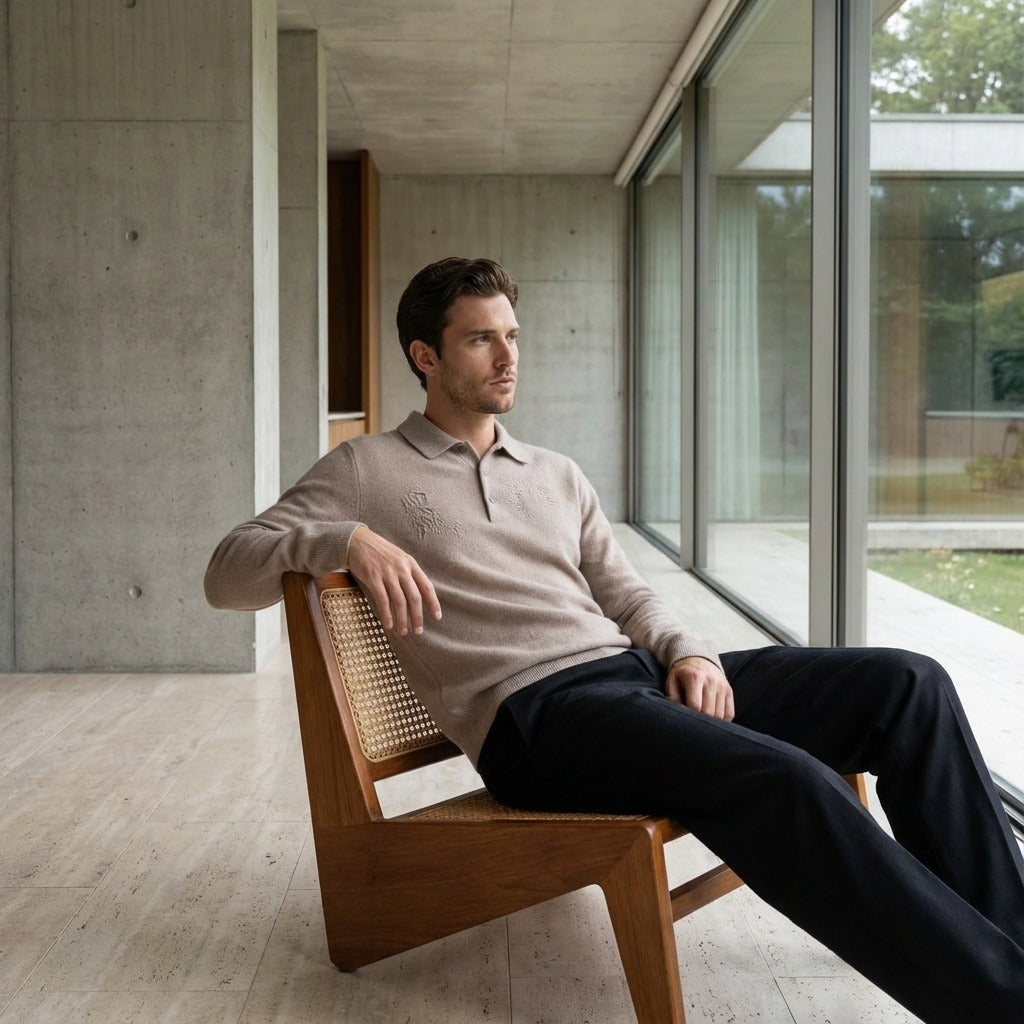 Long Sleeve Cashmere Polo Shirt - Sandstone - Side Profile