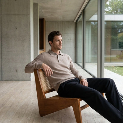 Long Sleeve Cashmere Polo Shirt - Sandstone - Side Profile