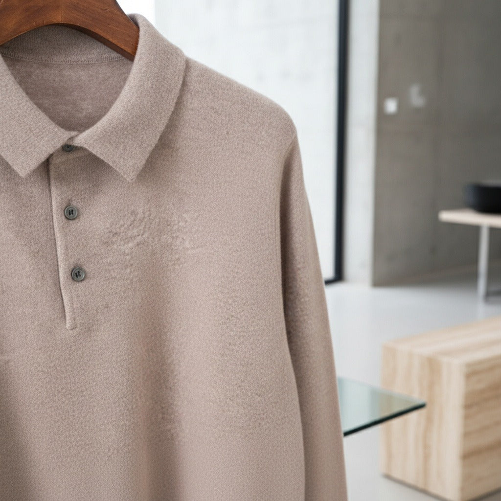 Long Sleeve Cashmere Polo Shirt - Sandstone - Back View