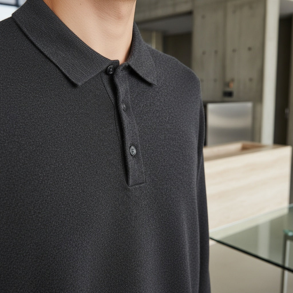 Long Sleeve Cashmere Polo Shirt - Charcoal Gray - Back View