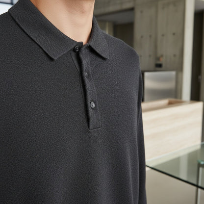 Long Sleeve Cashmere Polo Shirt - Charcoal Gray - Back View