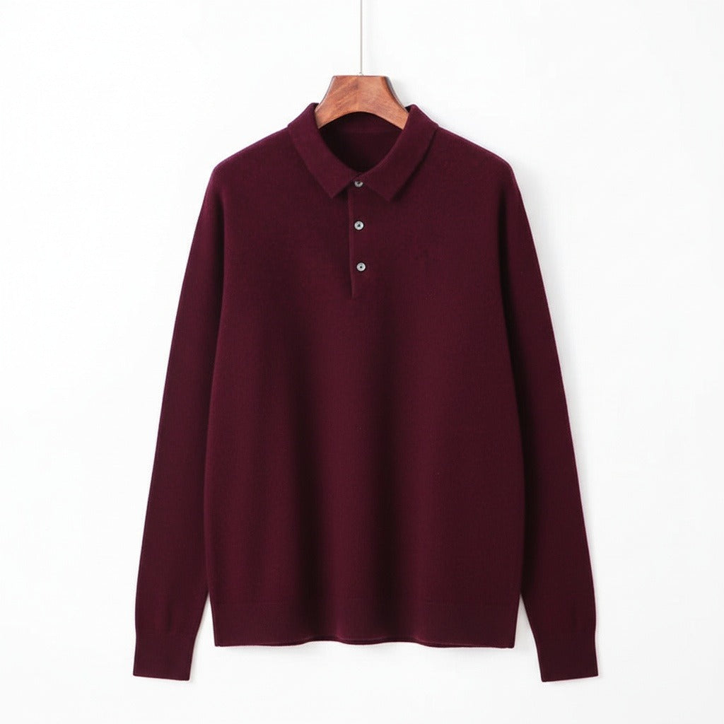Long Sleeve Cashmere Polo Shirt - Burgundy - Front View