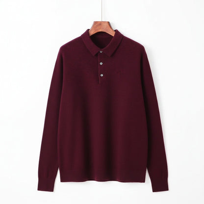 Long Sleeve Cashmere Polo Shirt - Burgundy - Front View