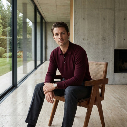 Long Sleeve Cashmere Polo Shirt - Burgundy - Side Profile