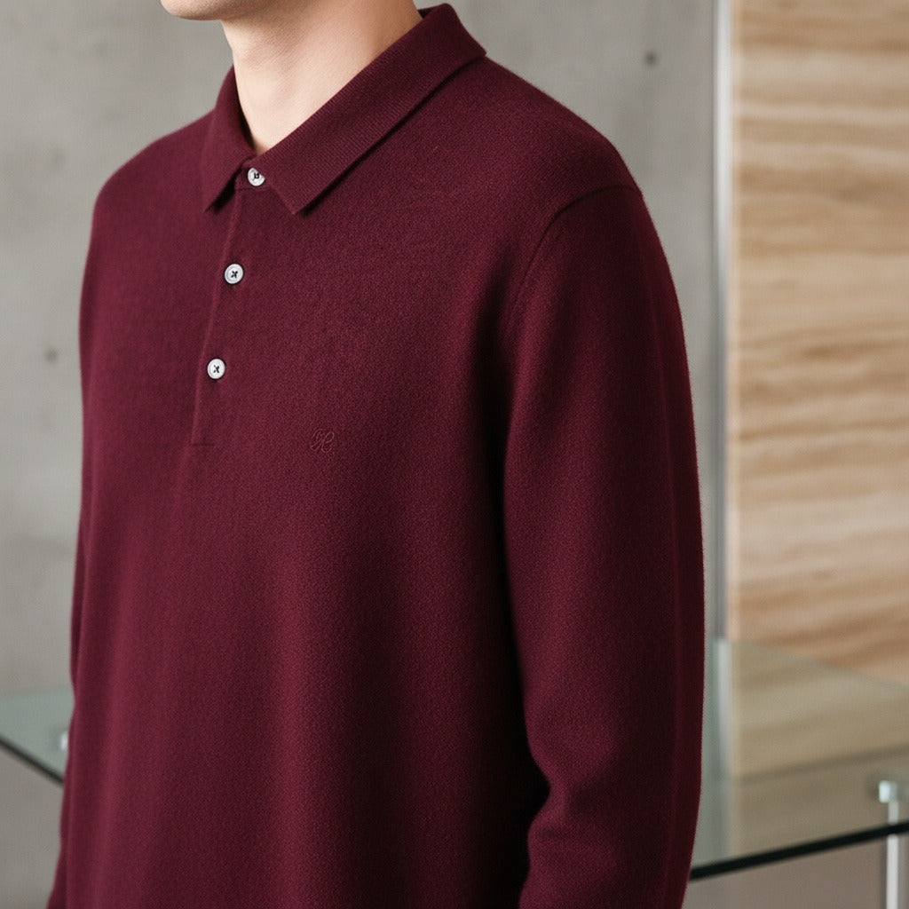 Long Sleeve Cashmere Polo Shirt - Burgundy - Back View