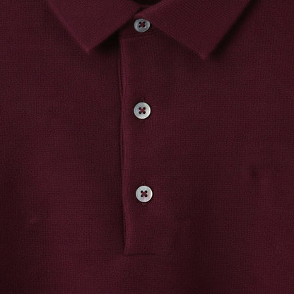 Long Sleeve Cashmere Polo Shirt - Burgundy - Texture Close Up