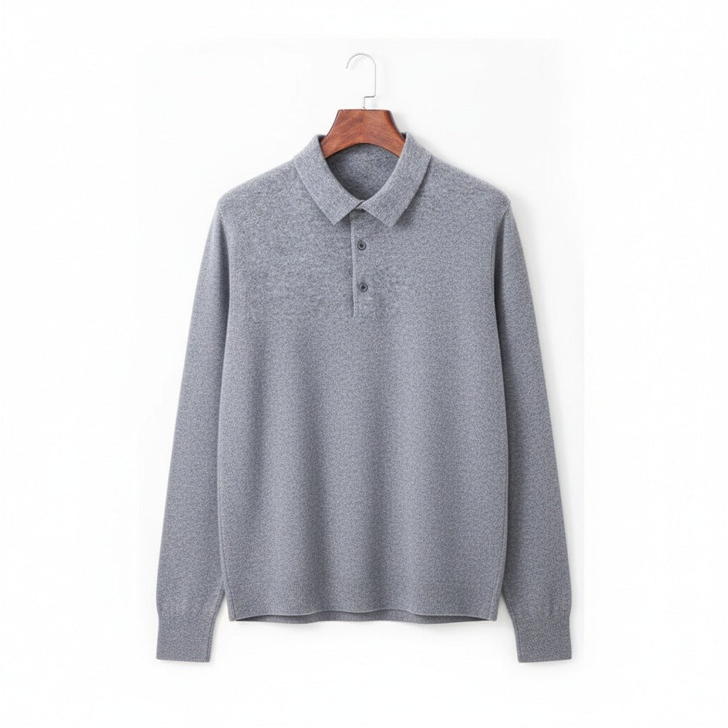 Long Sleeve Cashmere Polo Shirt - Stone Gray - Front View