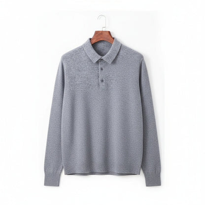 Long Sleeve Cashmere Polo Shirt - Stone Gray - Front View