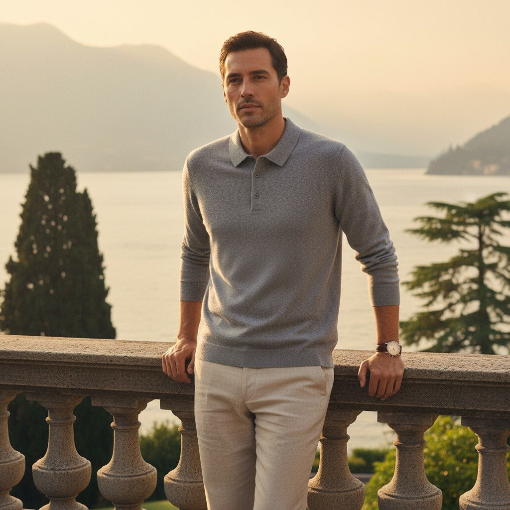 Long Sleeve Cashmere Polo Shirt - Stone Gray - Angled Shot