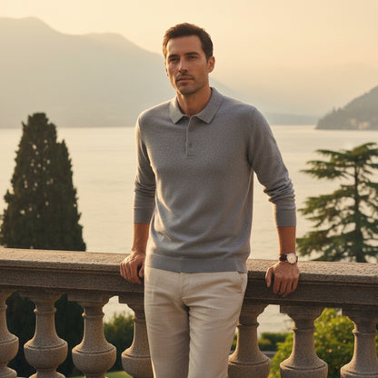 Long Sleeve Cashmere Polo Shirt - Stone Gray - Angled Shot