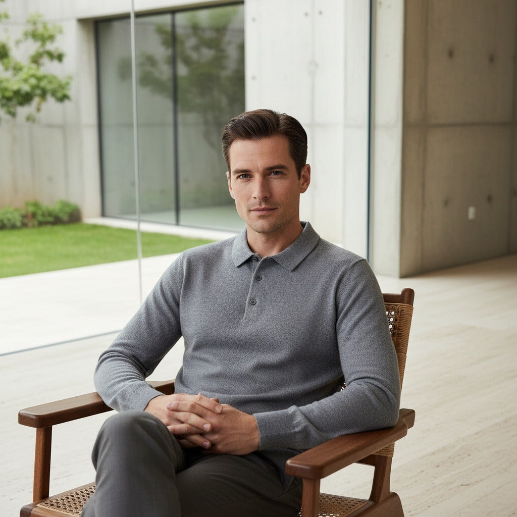 Long Sleeve Cashmere Polo Shirt - Stone Gray - Side Profile