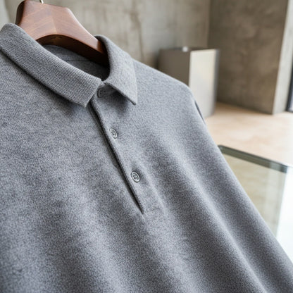 Long Sleeve Cashmere Polo Shirt - Stone Gray - Back View