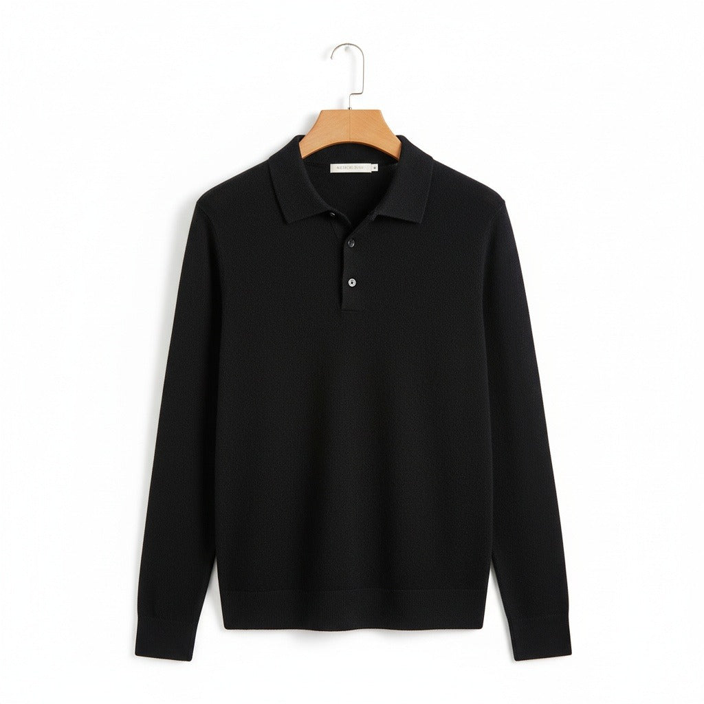 Long Sleeve Cashmere Polo Shirt - Onyx - Front View