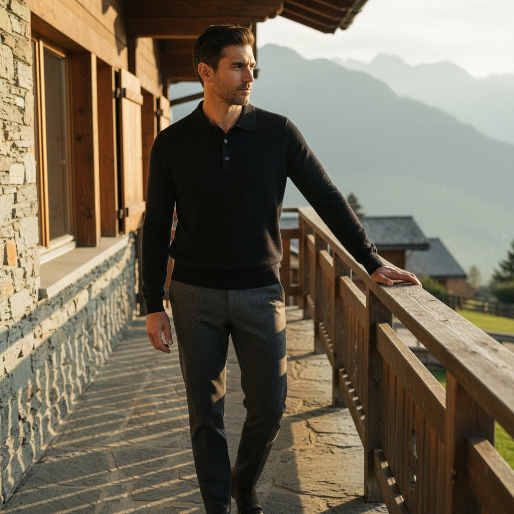 Long Sleeve Cashmere Polo Shirt - Onyx - Angled Shot