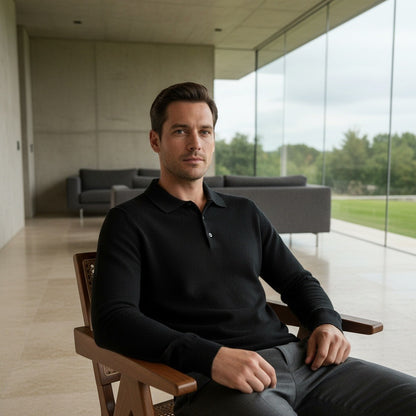 Long Sleeve Cashmere Polo Shirt - Onyx - Side Profile