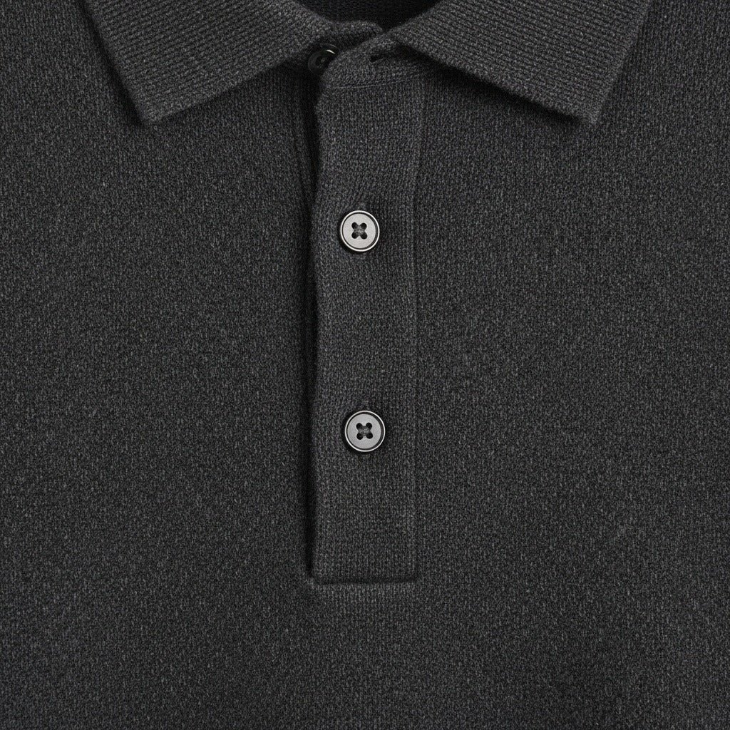 Long Sleeve Cashmere Polo Shirt - Charcoal Gray - Texture Close Up