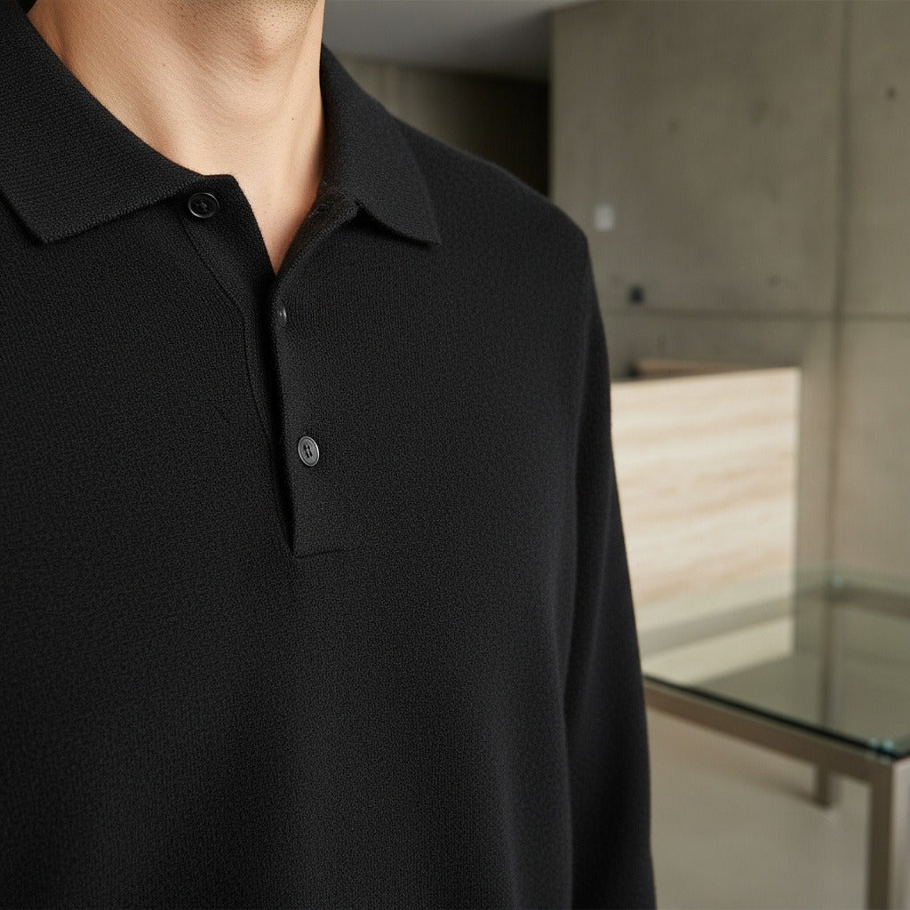 Long Sleeve Cashmere Polo Shirt - Onyx - Back View
