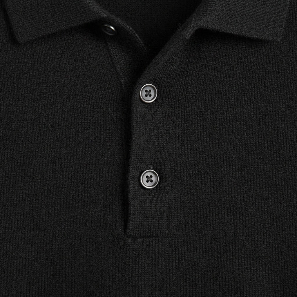 Long Sleeve Cashmere Polo Shirt - Onyx - Texture Close Up