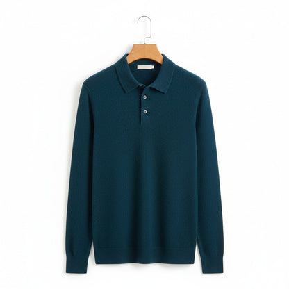 Long Sleeve Cashmere Polo Shirt - Deep Teal - Front View