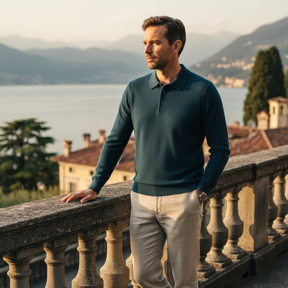 Long Sleeve Cashmere Polo Shirt - Deep Teal - Angled Shot