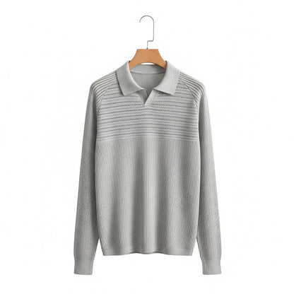 Long Sleeve Cotton Polo Shirt - Light Gray - Front View