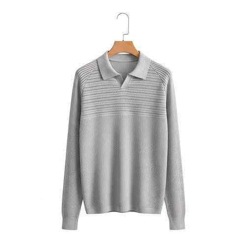 Long Sleeve Cotton Polo Shirt - Light Gray - Front View