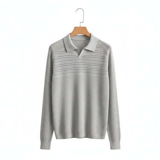 Long Sleeve Cotton Polo Shirt - Light Gray - Front View