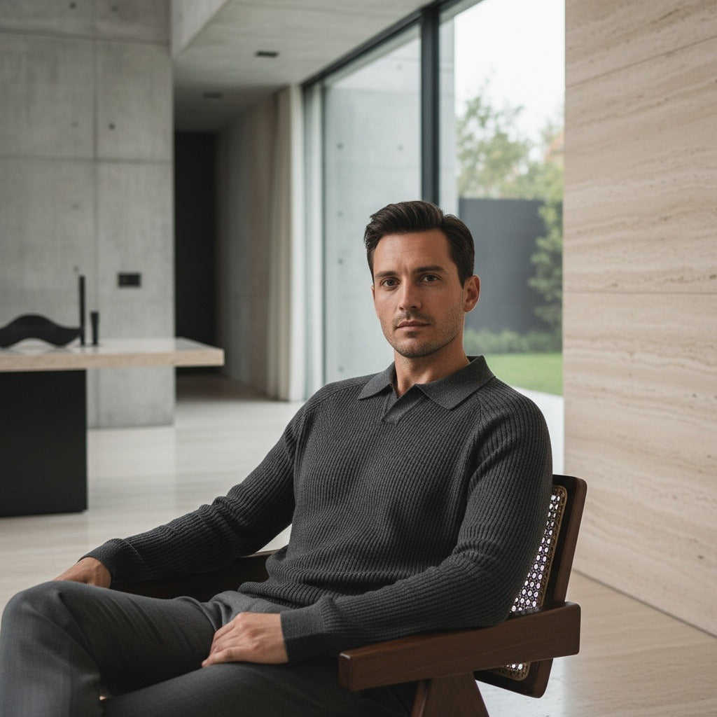 Long Sleeve Cotton Polo Shirt - Charcoal - Side Profile