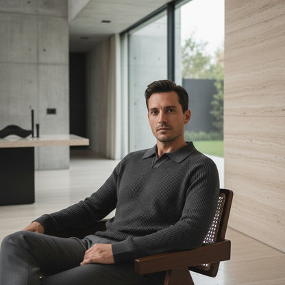 Long Sleeve Cotton Polo Shirt - Charcoal - Side Profile