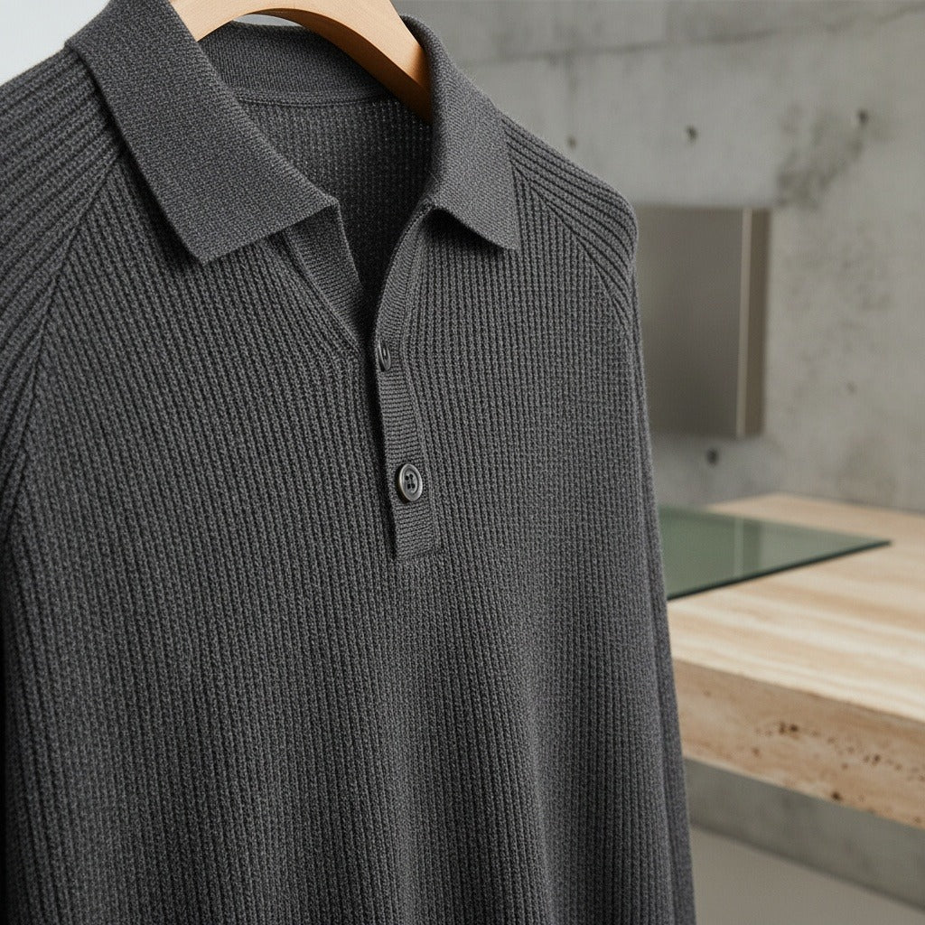 Long Sleeve Cotton Polo Shirt - Charcoal - Back View