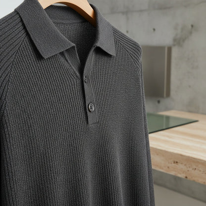 Long Sleeve Cotton Polo Shirt - Charcoal - Back View