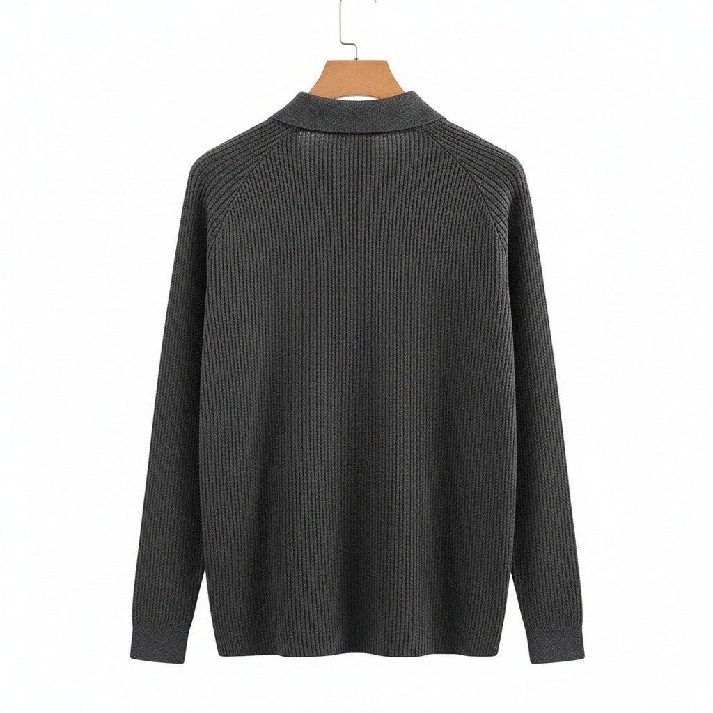 Long Sleeve Cotton Polo Shirt - Charcoal - Fabric Detail