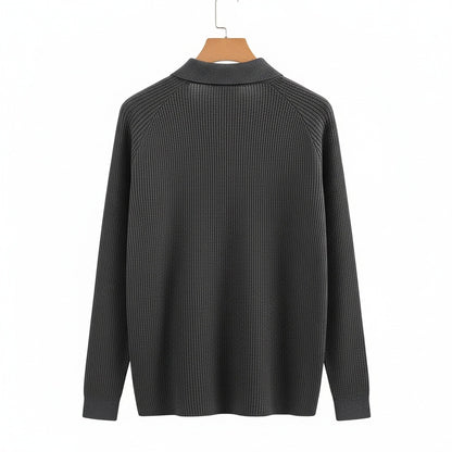 Long Sleeve Cotton Polo Shirt - Charcoal - Fabric Detail