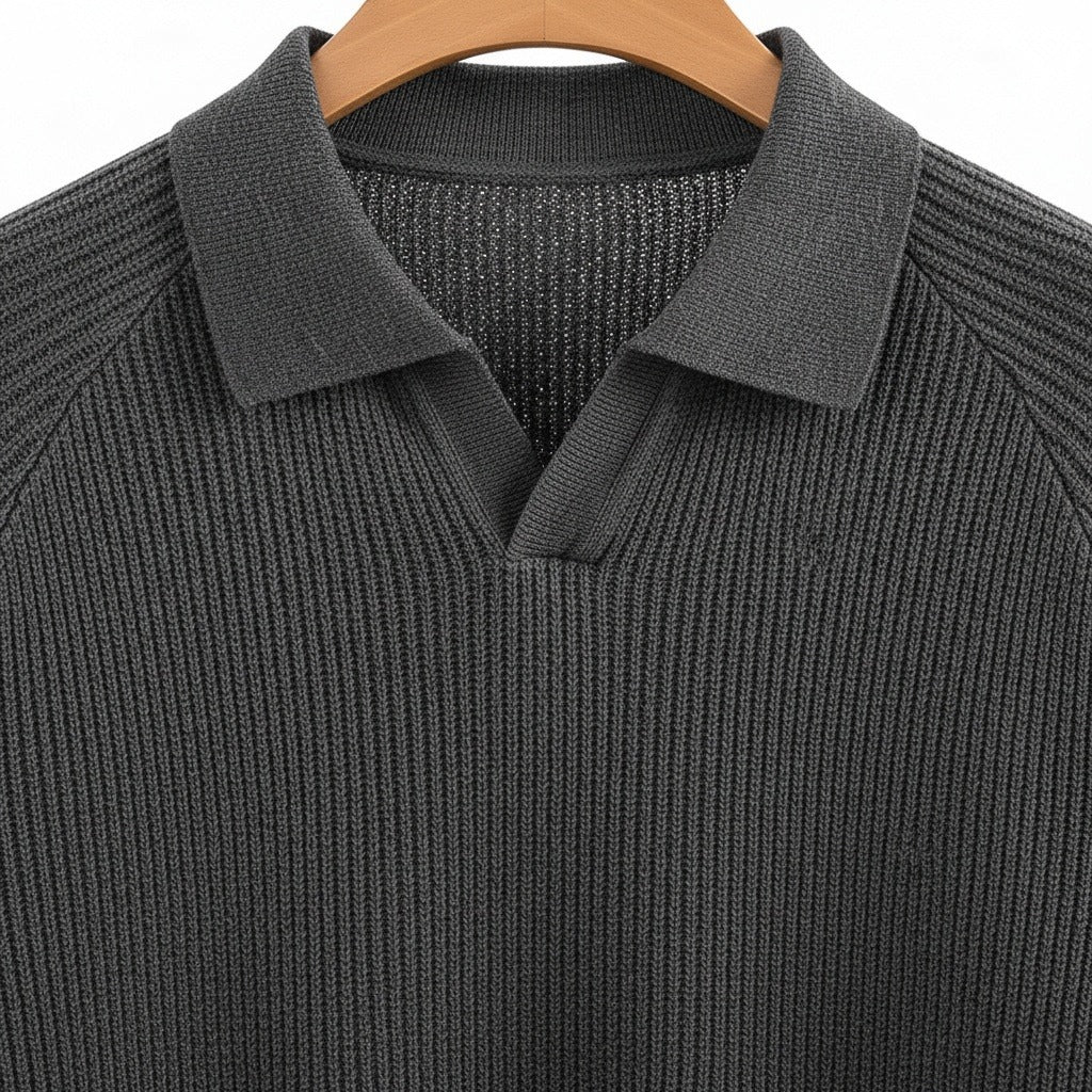 Long Sleeve Cotton Polo Shirt - Charcoal - Texture Close Up