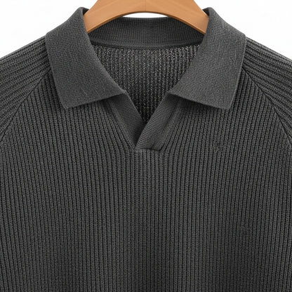 Long Sleeve Cotton Polo Shirt - Charcoal - Texture Close Up