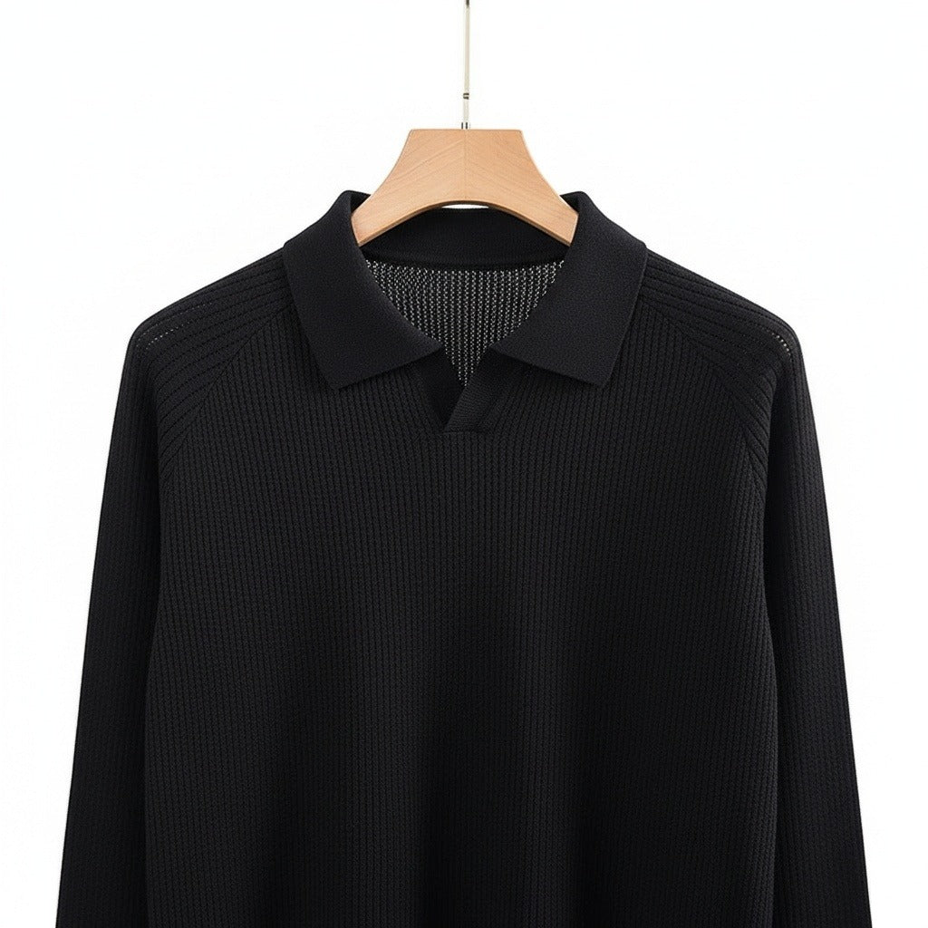 Long Sleeve Cotton Polo Shirt - Midnight Black - Front View