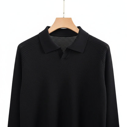 Long Sleeve Cotton Polo Shirt - Midnight Black - Front View