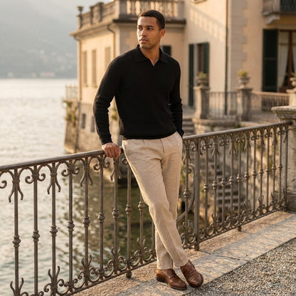 Long Sleeve Cotton Polo Shirt - Midnight Black - Angled Shot