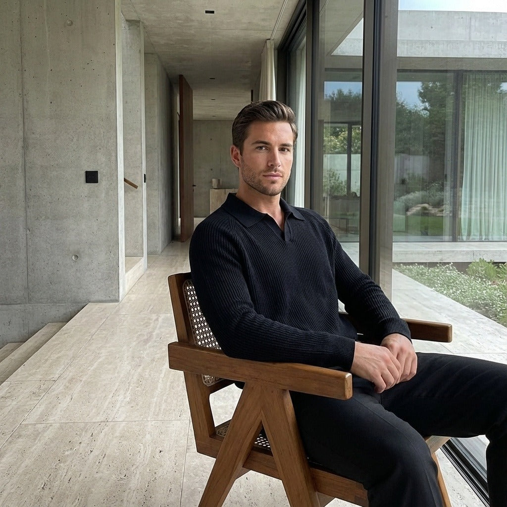 Long Sleeve Cotton Polo Shirt - Midnight Black - Side Profile