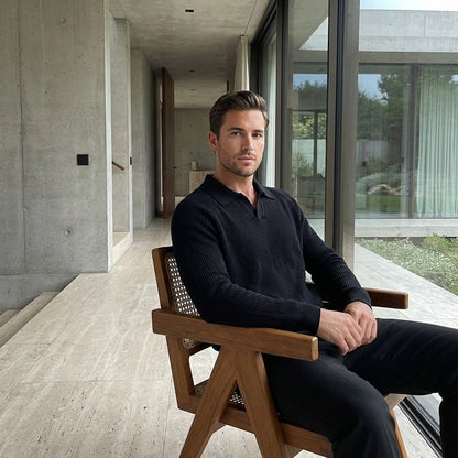 Long Sleeve Cotton Polo Shirt - Midnight Black - Side Profile