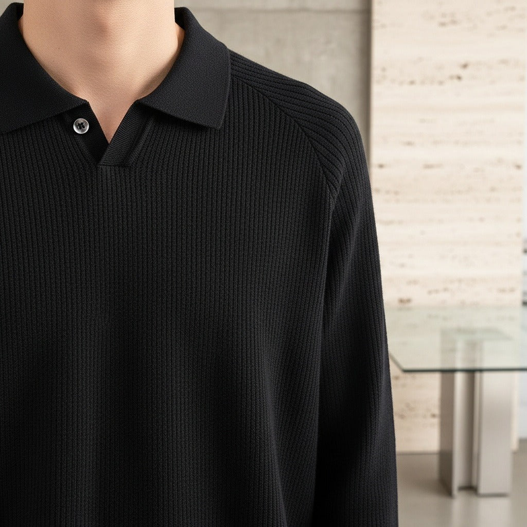 Long Sleeve Cotton Polo Shirt - Midnight Black - Back View