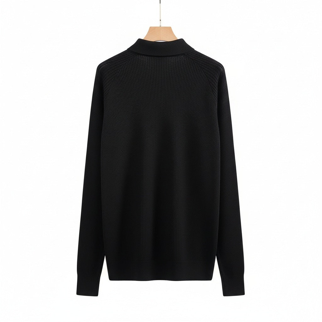 Long Sleeve Cotton Polo Shirt - Midnight Black - Fabric Detail