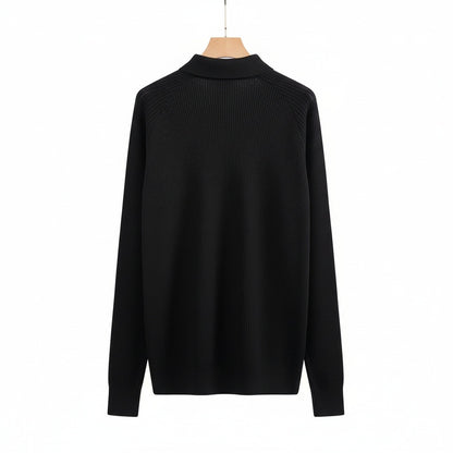 Long Sleeve Cotton Polo Shirt - Midnight Black - Fabric Detail